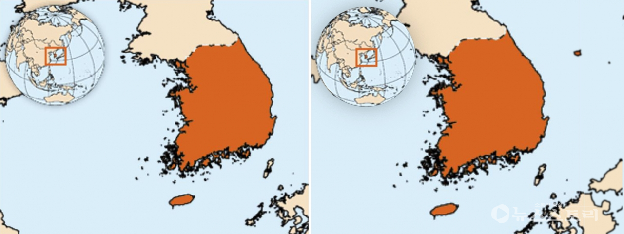 (사진 왼쪽)현재 WHO의 한국 소개 지도와 (사진 오른쪽)울릉도와 독도를 표기한 새로운 지도파일을 WHO에 요청한 장면. ⓒ서경덕 교수팀